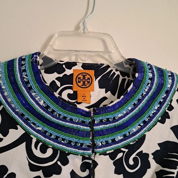 Tory Burch Beaded Collar‎ Floral Print Jacket Navy White Blue Green Women Size 6 - Picture 5 of 12